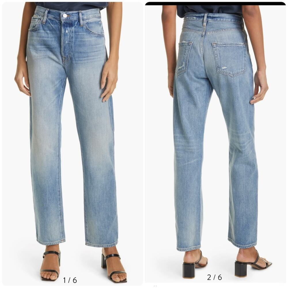 Frame Denim Le Slouch Distressed High Waist Straight Leg Jeans Denim‎ Button Fly